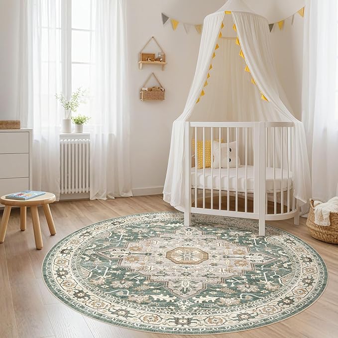 Round Rug Living Room Rugs: 5x5 Washable Boho Neutral Large Circle Soft Indoor Distressed Stain Resistant Floor Farmhouse Carpet for Bedroom Nursery Kids Playroom Office Dining Room Dorm- Green