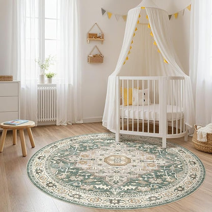 Round Rug Living Room Rugs: 5x5 Washable Boho Neutral Large Circle Soft Indoor Distressed Stain Resistant Floor Farmhouse Carpet for Bedroom Nursery Kids Playroom Office Dining Room Dorm- Green