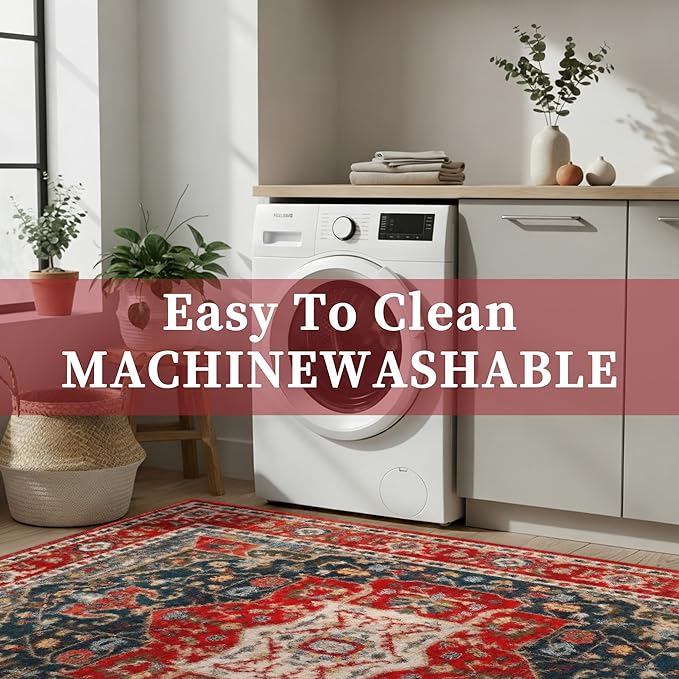 Enkor Area Soft Rugs 2x3 Washable Non Slip Boho Small Floor Entryway Rugs for Living Room Bedroom, Vintage Style Farmhouse Mat for Kitchen Red & Blue
