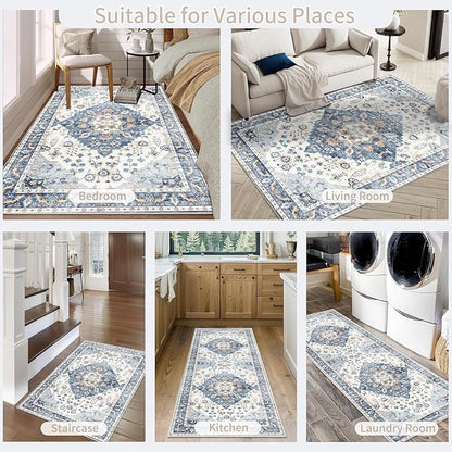 Enkor Runner Rugs for Hallway, 2x6 Washable Soft Non Slip Floor Rugs for Kitchen, Modern Mat for Living Room Bedroom Entryway Blue & White