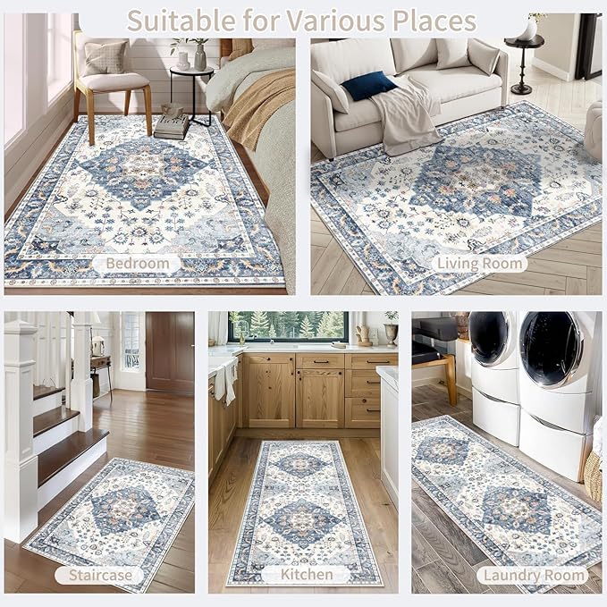 Enkor Runner Rugs for Hallway, 2x8 Washable Soft Non Slip Floor Rugs for Kitchen, Modern Mat for Living Room Bedroom Entryway Blue & White
