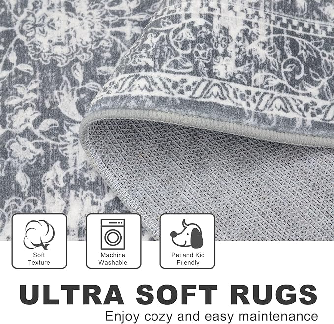 KILOCOCO Area Rug 3x5 Entryway Rug Washable Printed Vintage Floral Rubber Backed Non Slip Indoor Kitchen Rugs for Living Room Laundry Room Playroom Mudroom Moroccan Area Rugs, Grey