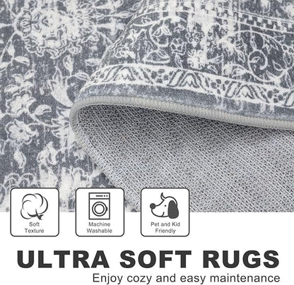 KILOCOCO Area Rug 5x7 Living Room Rug Washable Printed Vintage Floral Non Slip Soft Rubber Backed Indoor Bedroom Rugs for Laundry Room Kitchen Playroom Moroccan Area Rugs, Grey
