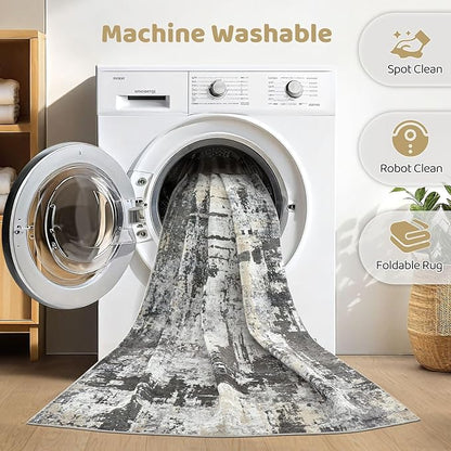 8x10 Area Rugs Living Room: Washable Large Abstract Modern Soft Rug Stain Resistant Indoor Floor Non Slip Accent Carpet for Bedroom Nursery Playroom Dining Room Office Dorm Home House- Black Gold