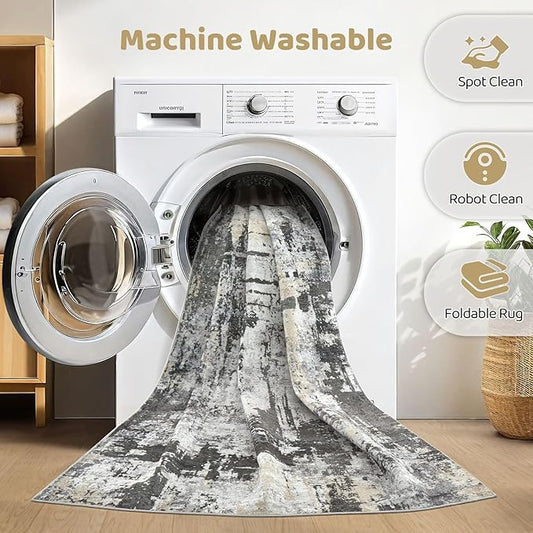 8x10 Area Rugs Living Room: Washable Large Abstract Modern Soft Rug Stain Resistant Indoor Floor Non Slip Accent Carpet for Bedroom Nursery Playroom Dining Room Office Dorm Home House- Black Gold
