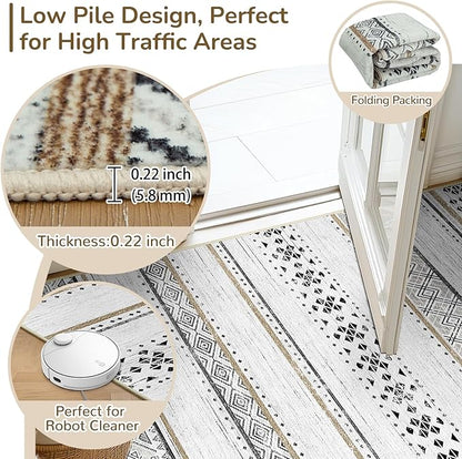 BESTSWEETIE 8x10 Area Rugs for Living Room Washable Moroccan Farmhouse Neutral Geometric Low Pile Non-Slip Soft Print Pattern Rug for Bedroom Kitchen Dining Room Entryway Black/Brown