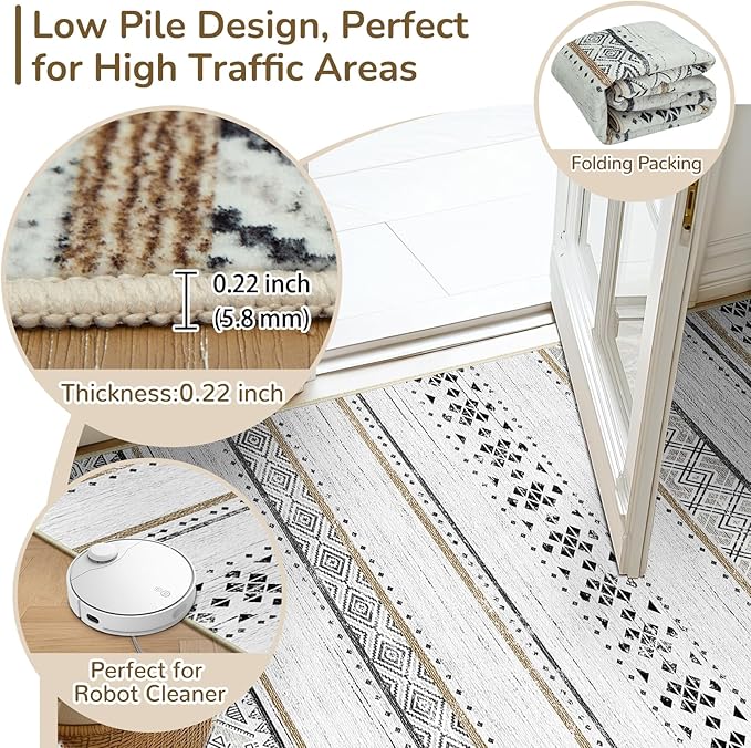 BESTSWEETIE 2x6 Area Rugs for Living Room Washable Moroccan Farmhouse Neutral Geometric Low Pile Non-Slip Soft Print Pattern Rug for Bedroom Kitchen Dining Room Entryway Black/Brown