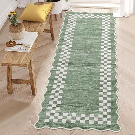 GarveeHome Hallway Runner Rug 2x6 Non Slip Scalloped Washable Rug for Kitchen Entry Stain Resistant Modern Border Throw Floor Carpet Long Runner Mat for Bathroom Living Room Bedside, Green