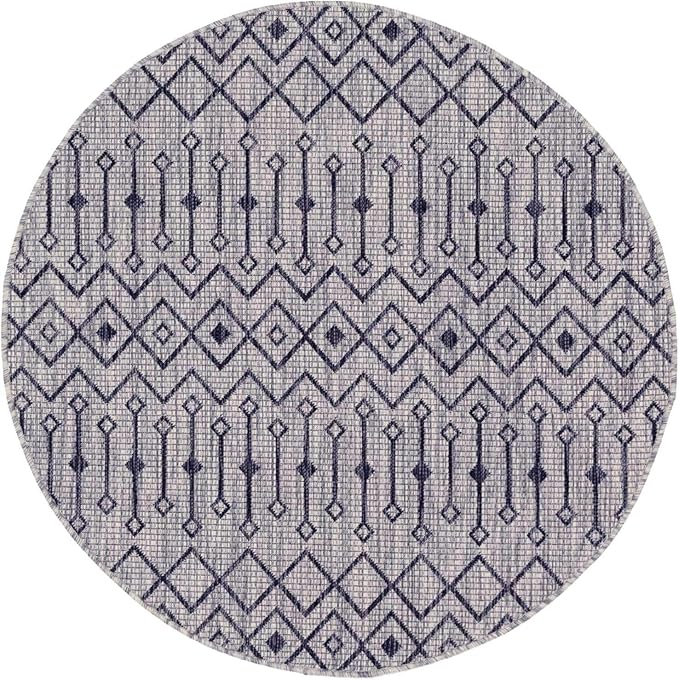 Unique Loom Outdoor Trellis Collection Area Rug - Tribal Trellis (5' 3" Round, Gray/ Black)