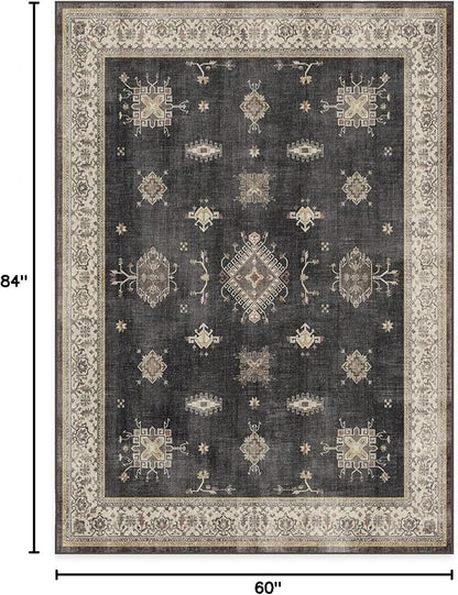 RUGGABLE Washable Vintage Area Rug – Verena Dark Wood 5x7, Stain-Resistant, Non-Slip – Medium Machine Washable Rugs for Living Room, Bedroom, Hallway, Entryway & Office–with Standard Pad