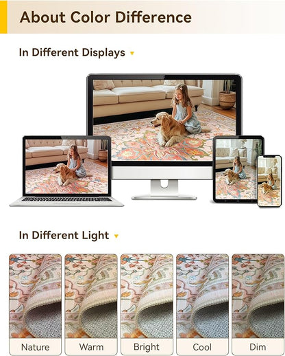 Area Rugs Square 6ft Washable Non-Slip, Floral Vintage Distress Print Pattern Medallion Carpet for Living Room Bedroom Dining Room, Light Pink Colorful