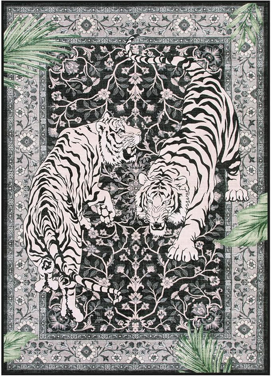 Moynesa Tiger 5x7 Area Rugs, Boho Washable Rugs for Living Room, Vintage Soft Dining Room Rug, Non Slip Ultra Thin Stain Resistant Large Floor Carpet for Office Bedroom, Black