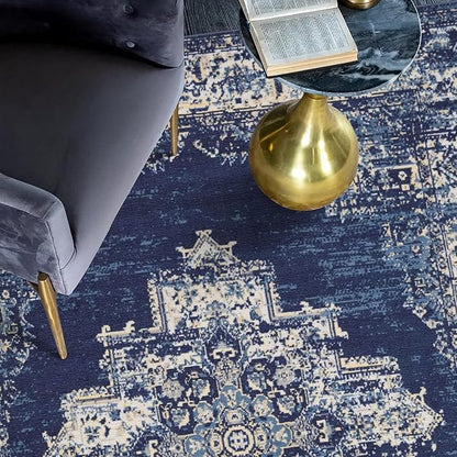 vivorug 8x10 Area Rugs for Living Room, Non-Slip Backing Washable Rug 8x10, Large Area Rug Soft Carpet for Bedroom Dining Room, Vintage, Easy Clean, Durable, Low Pile Rug Under Table, Navy Blue