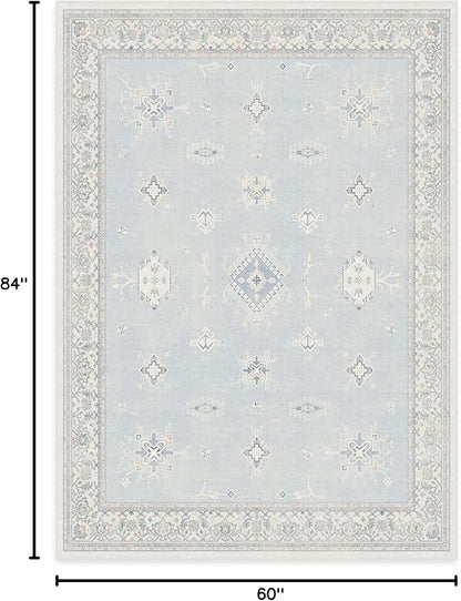 RUGGABLE Washable Vintage Area Rug – Verena Soft Blue 5x7, Stain-Resistant, Non-Slip – Medium Machine Washable Rugs for Living Room, Bedroom, Hallway, Entryway & Office–with Cushioned Pad