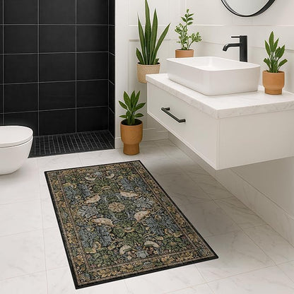 Washable Dark Vintage Floral Rugs for Entryway - Small 2x3 Washable Rug for Kitchen Bathroom Door Mat Indoor Entrance with Bird & Botanical Pattern, Brown Earthy Tones, Non Slip Low Pile