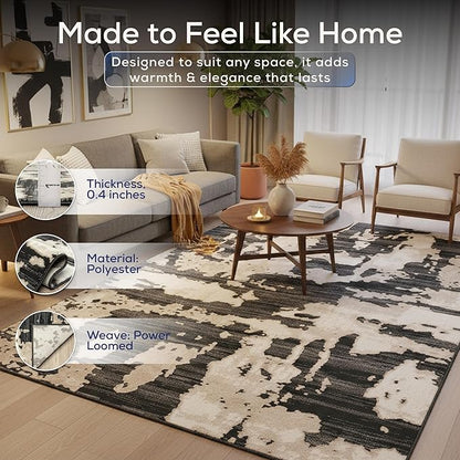 Abani Terra Cream Area Rug for Living Room, Bedroom - Black Abstract Pattern - 2' x 6' - Durable & Easy to Clean