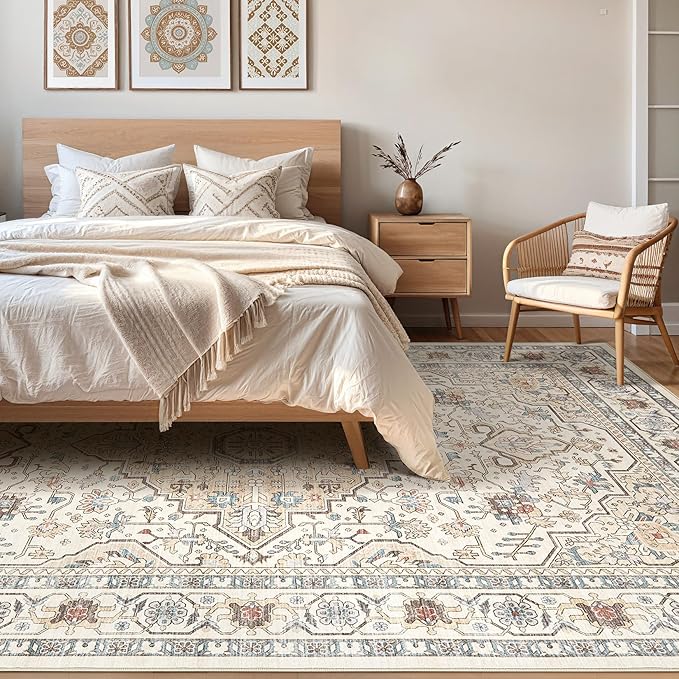 6x9 Area Rugs Living Room: Washable Boho Large Neutral Vintage Soft Rug Stain Resistant Farmhouse Non Slip Indoor Floor Carpet for Bedroom Nursery Kids Playroom Office Dining Room- Cream Blue