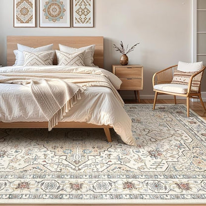 5x8Ft Area Rug Living Room: Washable Boho Large Neutral Vintage Soft Rugs Stain Resistant Farmhouse Non Slip Indoor Floor Carpet for Bedroom Nursery Kids Playroom Office Dining Room- Cream Blue