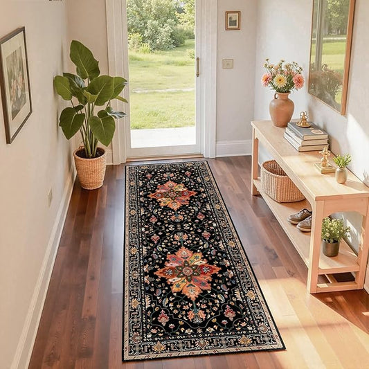 Area Rugs 2'x6' Washable Non-Slip, Floral Vintage Distress Print Pattern Medallion Carpet for Living Room Bedroom Dining Room, Black Colorful Floral Dark Tan