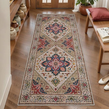 Tangsoo 2x6 Washable Runner Rug for Hallways, Non Slip Vintage Runner Rug, Soft Boho Low Pile Long Rug Runner, Carpet Runners for Kitchen Bedroom Entryway Bathroom Living Room Beige/Red
