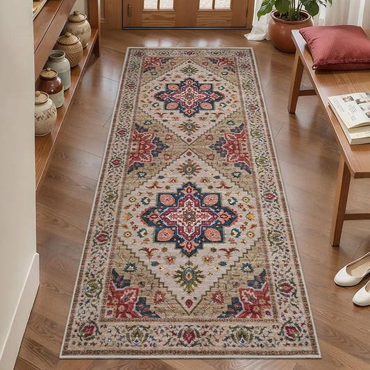Tangsoo 2x6 Washable Runner Rug for Hallways, Non Slip Vintage Runner Rug, Soft Boho Low Pile Long Rug Runner, Carpet Runners for Kitchen Bedroom Entryway Bathroom Living Room Beige/Red