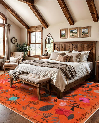 Area Rug 8x10, Washable Large Rugs for Living Room, Non Slip 0.27″ Low Pile Vintage Floral Large Carpet for Bedroom, Living Room, Dining Room, Kids Playroom (Orange)