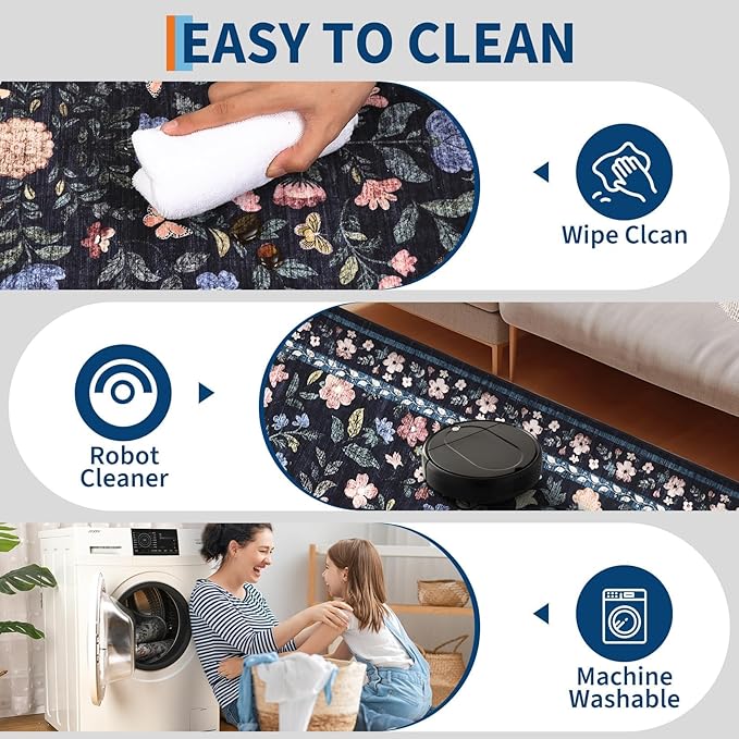GarveeHome Large Washable Area Rug 10 x 13 for Living Room, Non-Slip Soft Vintage Rug, Low Pile Farmhouse Floral Carpet, Non-Shedding Foldable Printed Rugs for Bedroom, Dark Grey Blue