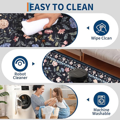 GarveeHome Large Washable Area Rug 10 x 13 for Living Room, Non-Slip Soft Vintage Rug, Low Pile Farmhouse Floral Carpet, Non-Shedding Foldable Printed Rugs for Bedroom, Dark Grey Blue