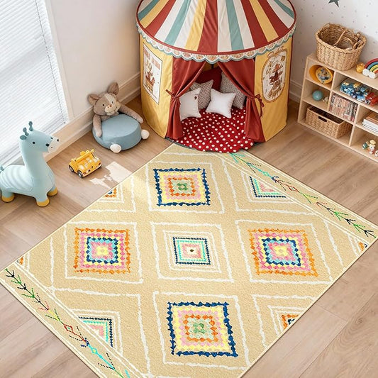 Area Rug 6x9 Rug Machine Washable Non-Slip Low Pile Print Pattern Western Rug for Living Room Bedroom Entryway Tribal Series -Cream/Beige