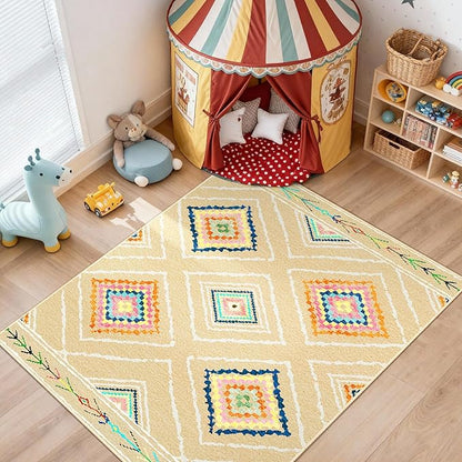 Area Rug 5x7 Rug Machine Washable Non-Slip Low Pile Print Pattern Western Rug for Living Room Bedroom Entryway Tribal Series -Cream/Beige