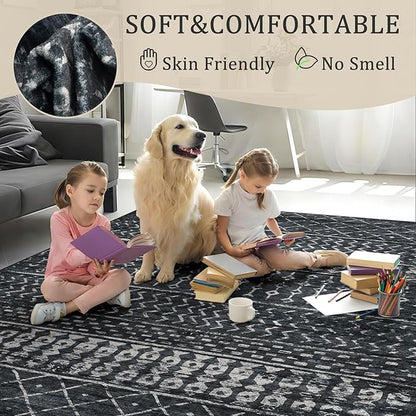 2x6 Machine Washable Runner Rug, Kitchen Hallway Area Rug, Black Vintage Moroccan Rug Ultra Non-Slip Low Pile Soft Faux Wool Carpet, Kids and Pets Friendly for Bedroom Entryway Bedside Decor Rug