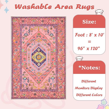 SERISSA Washable Rugs 8x10 Area Rugs, Large Non-Slip Boho Living Room Rug, Ultra Soft Cute Pastel Aesthetic Fuchsia Pink Carpet for Baby Girls Bedroom Kids Playroom Nursery Dining Room Dorm Decor