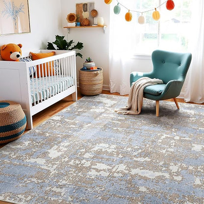 WITSHOCK Abstract Dining Room Rugs for Under Table: 7x9 Washable Blue Area Rug for Living Room, Low Pile Non-Slip Rugs for Bedroom Under Bed - Neutral Modern Decor & Stain Resistance - Blue/Multi