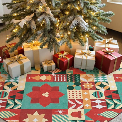jinchan Round Christmas Rug 6ft for Living Room Washable Circle Christmas Dining Room Rug 6' Round Xmas Geometric Non-Slip Soft Carpet Festive Red-Green Holiday Patch Decor for Bedroom Porch Foyer