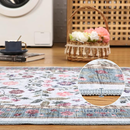 GarveeHome Washable Runner Rug 2 x 6 Non-Slip Non-Shedding Soft Vintage Bedside Rug, Low Pile Farmhouse Floral Carpet, Indoor Foldable Printed Entryway Rug for Hallway Kitchen, Light Blue
