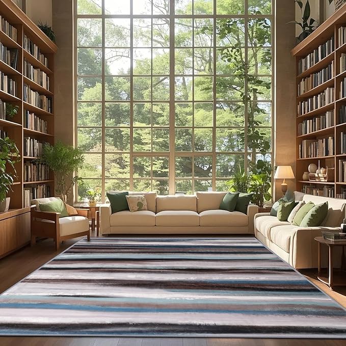 Abstract 6x9 Area Rug, Modern Stripe Pattern Teal Rugs for Living Room, Washable Soft Large Non-Slip Floor Carpet for Dining Room Office Bedroom - Blue/Brown/Multi
