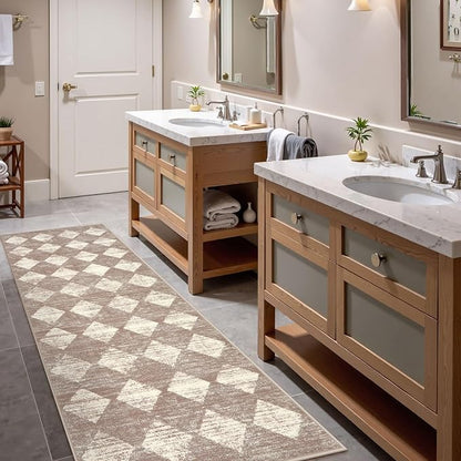 Lahome Moroccan Treills Runner Rug - 2x6 Beige Washable Rug Runner Carpet Runners for Hallway 6ft Non Skid, Checkered Faux Wool Long Kitchen Bathroom Non Skid Runners for Bedroom Hallway Entryway