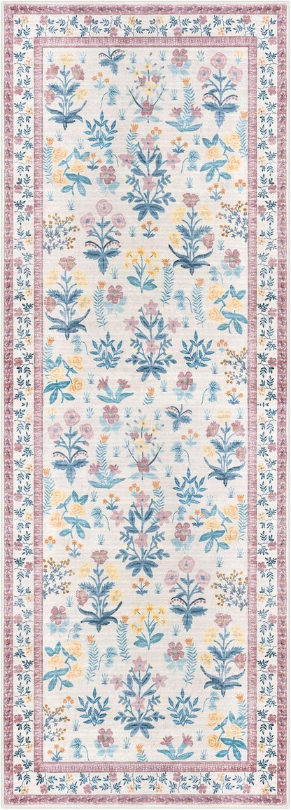 Boho Floral Machine Washable Runner Rug 2x6, Blush Pink Kitchen Runner Rug Non-Slip, Super Thin Hallway Rug Runner Printed Faux Wool Soft Carpet for Entryway Bedroom Laundry Indoor