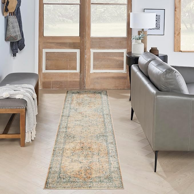 Nourison Home Astra Machine Washable Beige Blue 2'2" x 8' Area Rug - Easy Clean, Non Shedding, Bed Room, Living Room, Dining Room, Kitchen (8' Runner)
