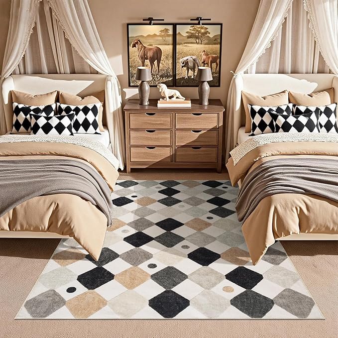 jinchan Macy Area Rug 5x7 Kids Washable Indoor Non-Slip Black and White Modern Soft Rug Elementary School Classroom Diamond Carpet for Nursery Playroom Daycare Bedroom Living Room Dorm Marble on Cream