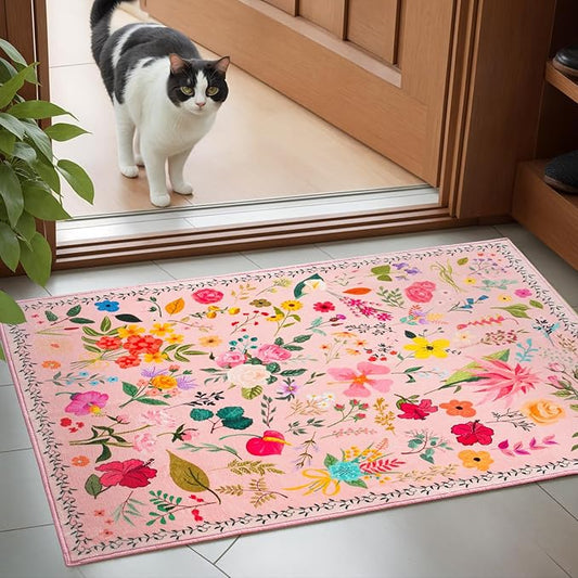 Boho Floral Entryway Rug 2x3, Washable Small Mat for Bathroom and Kitchen, Non Slip Front Door Mat Indoor Entrance, Vintage Style Flower Mat with Rubber Backing, Soft Area Rug for Entry Way (Pink)