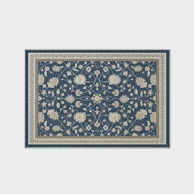 EVERGRACE Area Rugs for Living Room 4x6, Boho Floral Faux Wool Indoor Outdoor Rugs, Washable Rugs for Bedroom Entryway Dining Room Hallyway, Low Pile Floor Mat Carpet for Home Decor, Navy Blue