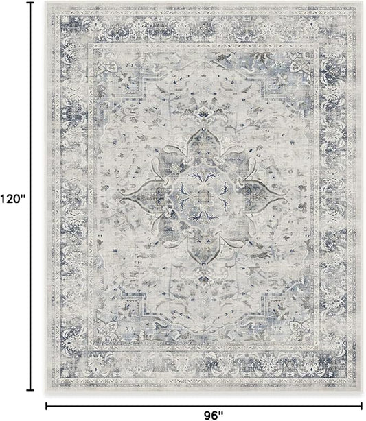 RUGGABLE Washable Vintage Area Rug – Sarrah Blue Quartz 8x10, Stain-Resistant, Non-Slip – Large Machine Washable Rugs for Living Room, Bedroom, Hallway, Entryway & Office–with Standard Pad