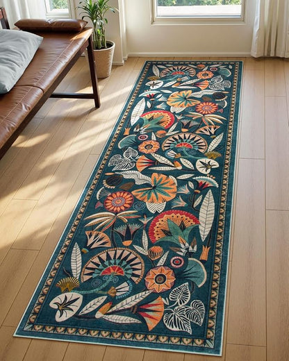 Boho Washable Green Bathroom Kitchen Runner Rug, 2x8 Egypt Hallway Entryway Rug Runner, Non Slip Botanical Floral Vintage Carpet for Entry Living Laundry Room (Dark Green, 2 x 8)
