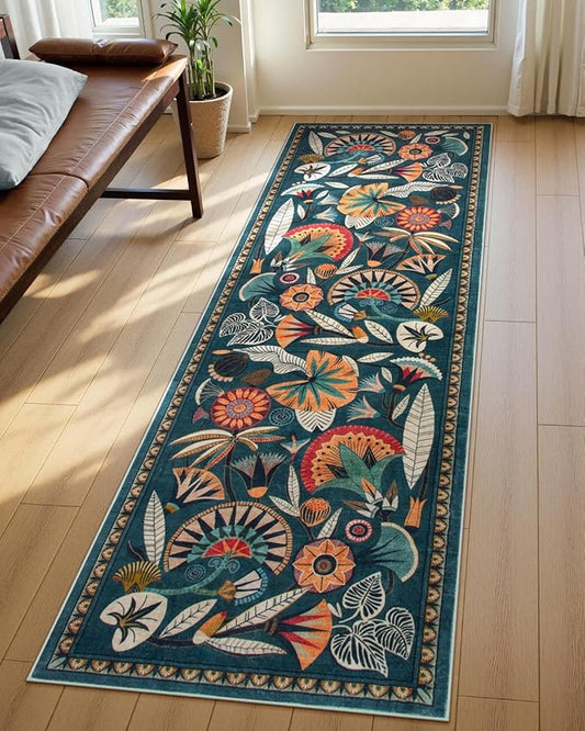 Boho Washable Green Bathroom Kitchen Runner Rug, 2x8 Egypt Hallway Entryway Rug Runner, Non Slip Botanical Floral Vintage Carpet for Entry Living Laundry Room (Dark Green, 2 x 8)