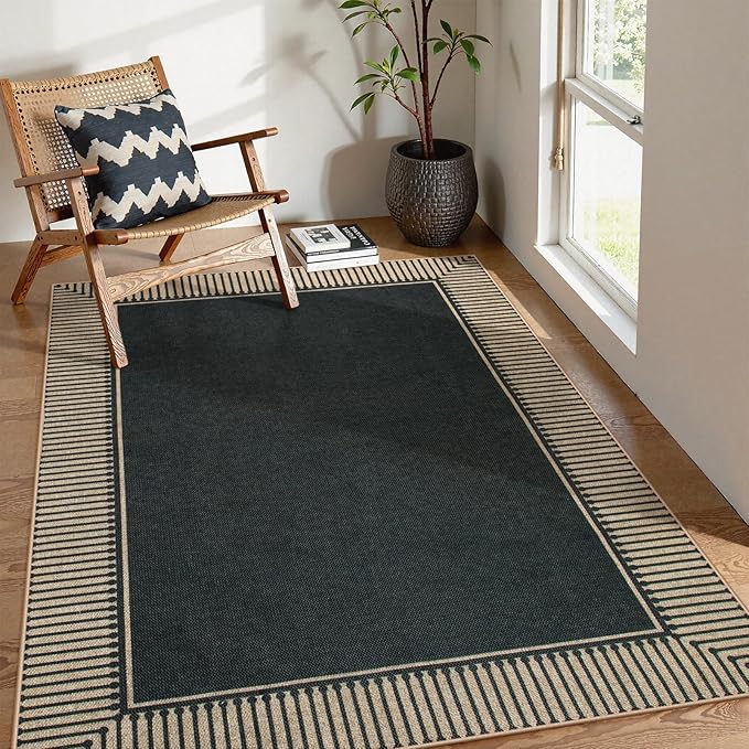 Moynesa Striped Border Easy Jute Outdoor Rug 5x7 Area Rugs for Living Room, Washable Indoor Outdoor Patio Rug Non Slip Low Pile, Black Farmhouse Carpet for Backyard Bedroom Dining Room