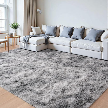 Beglad Fluffy Area Rugs 4x6 Feet, Modern Minimalist Style Shag Rugs, Non-Slip Indoor Carpet Soft Rugs for Bedroom, Living Room & Kids Room, Tie-Dyed Light Grey