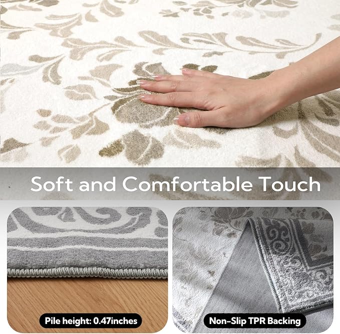 SOULFUL Medium Pile 8x10 Rugs for Living Room - Soft Underfoot Large Area Rug - Light Taupe Boho Floral - Washable Non-Slip - Perfect for Bedroom Kids Room Under Dining Table Office