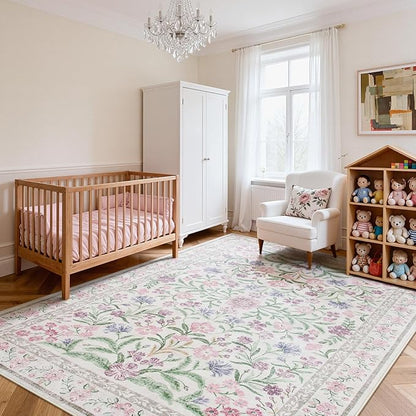 Lahome Purple Floral 9x12 Area Rug, Machine Washable Low Pile Nursery Girls Rug, Non-Slip Thin Carpet for Playroom Kids, Soft Boho Mat for Women Bedroom Decor
