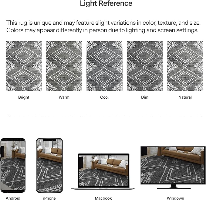 ReaLife Rugs Machine Washable Area Rug - Living Room Bedroom Bathroom Kitchen Entryway Office - Padded Low Pile Stain Resistant Premium - Moroccan Diamond Tribal - Jax - Gray 5' x 7'